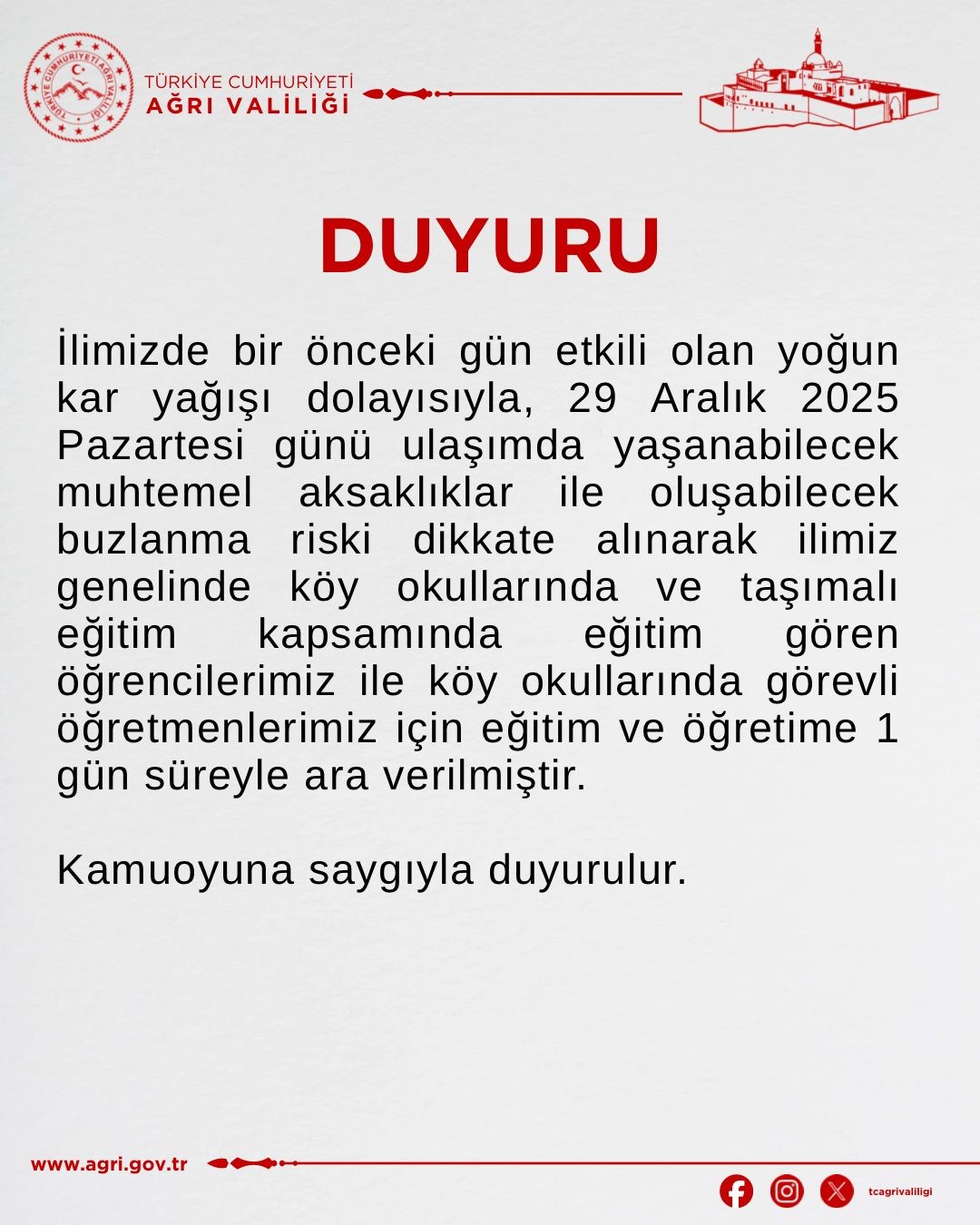 Ağrı&rsquo;da k&ouml;y okulları ve taşımalı eğitime 1 g&uuml;n ara
