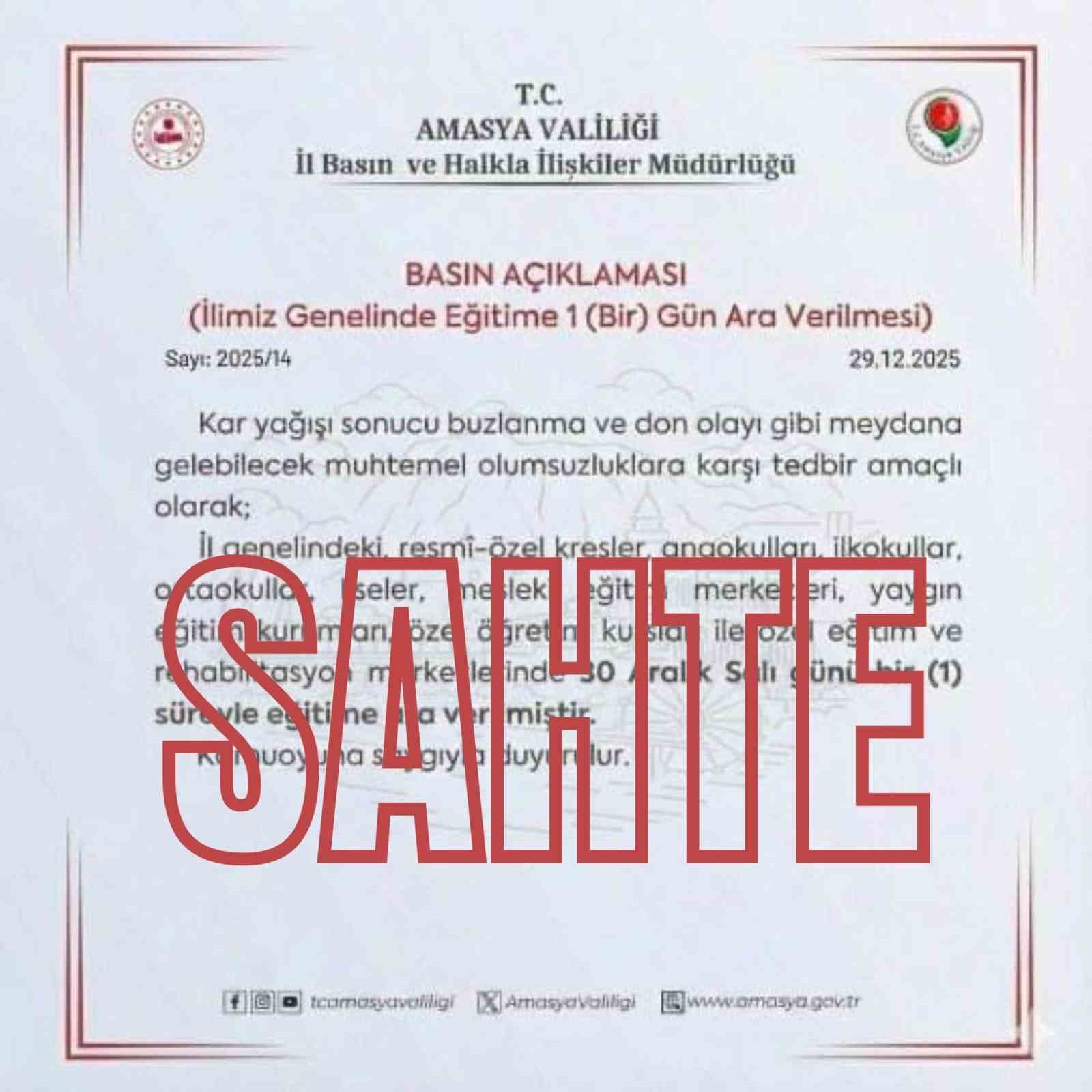 Amasya Valiliği&rsquo;nden sahte &lsquo;kar tatili&rsquo; paylaşımlarına ilişkin a&ccedil;ıklama
