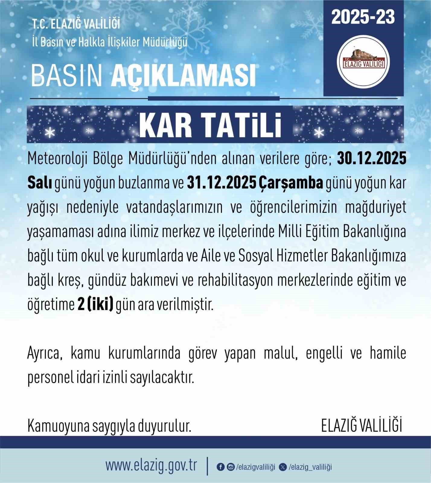 Elazığ’da eğitime 2 gün ara verildi