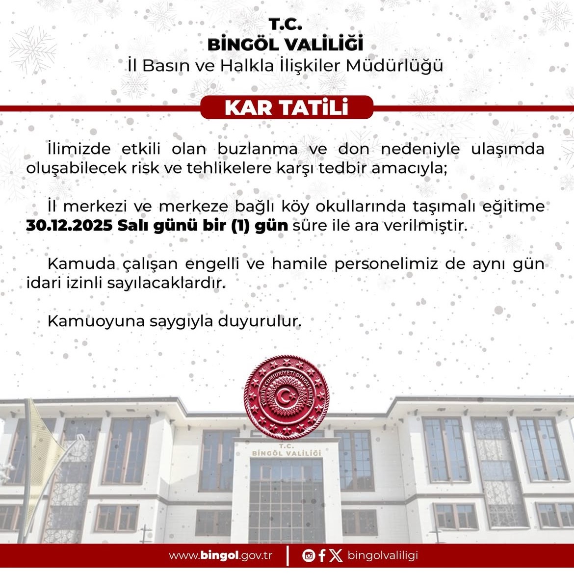 Bing&ouml;l&rsquo;de kar tatili: 3 il&ccedil;ede t&uuml;m okullar, merkezde taşımalı eğitime ara
