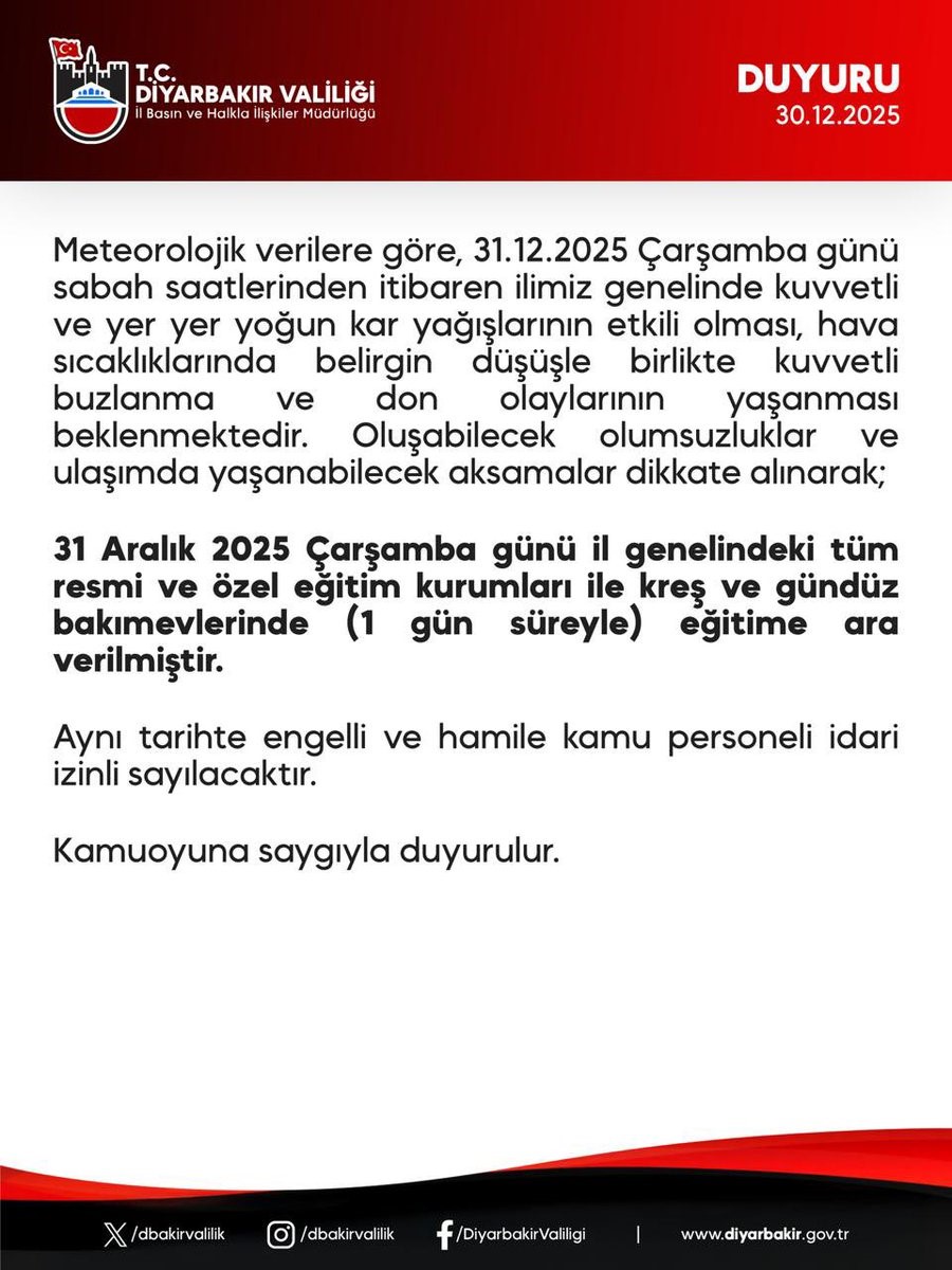 Diyarbakır’da okullar çarşamba günü tatil edildi