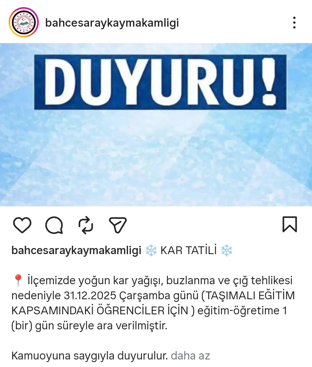 Bahçesaray’da taşımalı eğitime 1 gün ara