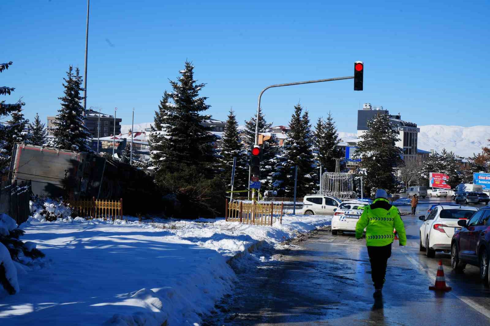 Işıklarda duramayan kamyon devrildi, &ccedil;arptığı ağacı k&ouml;k&uuml;nden s&ouml;kt&uuml;
