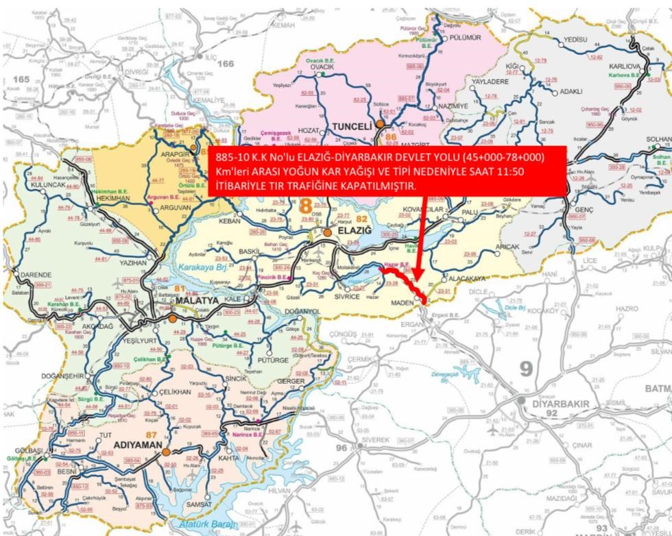 Elazığ-Diyarbakır karayolu ağır taşıt trafiğine kapatıldı