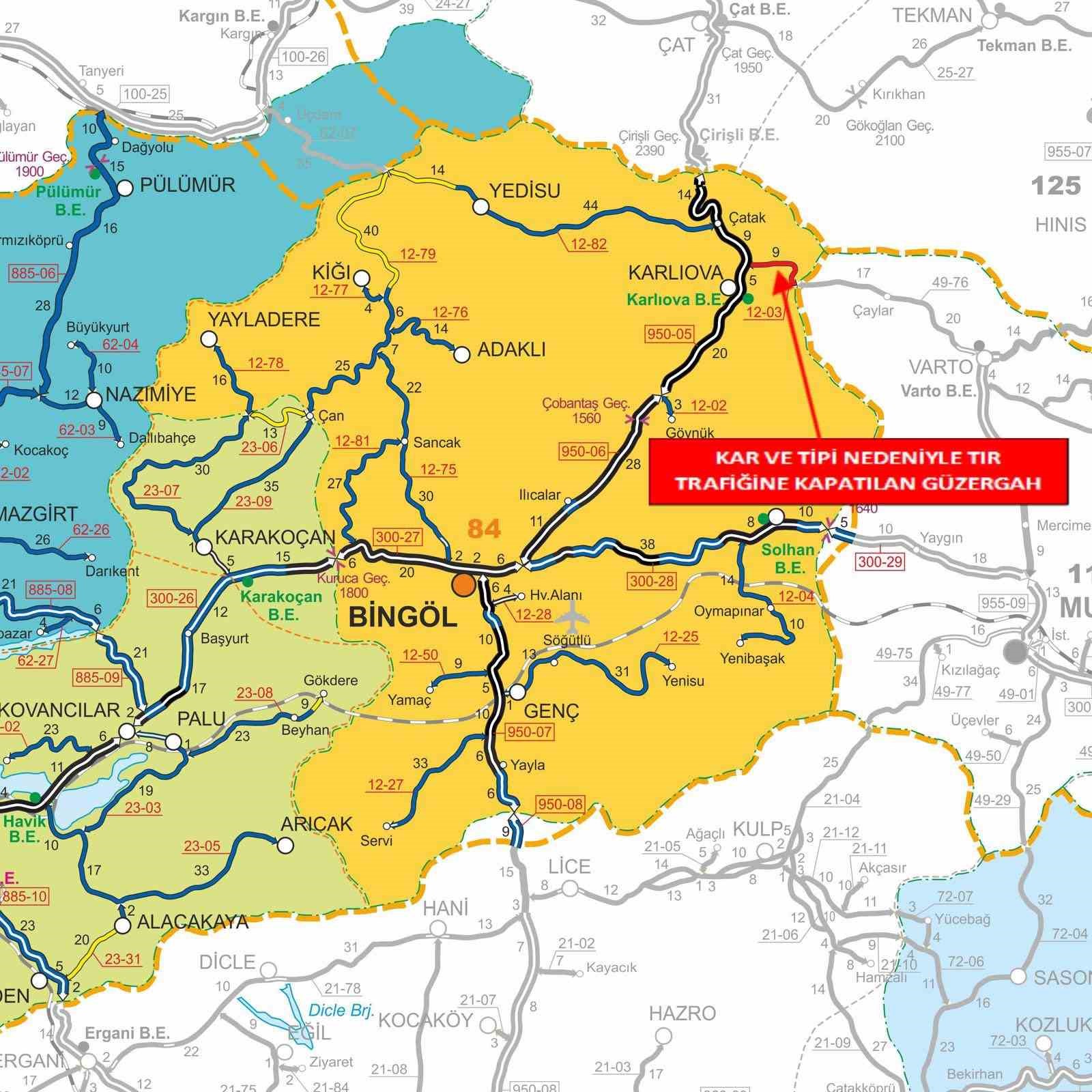 Bingöl’de bazı yollar kar yağışı nedeniyle trafiğine kapatıldı