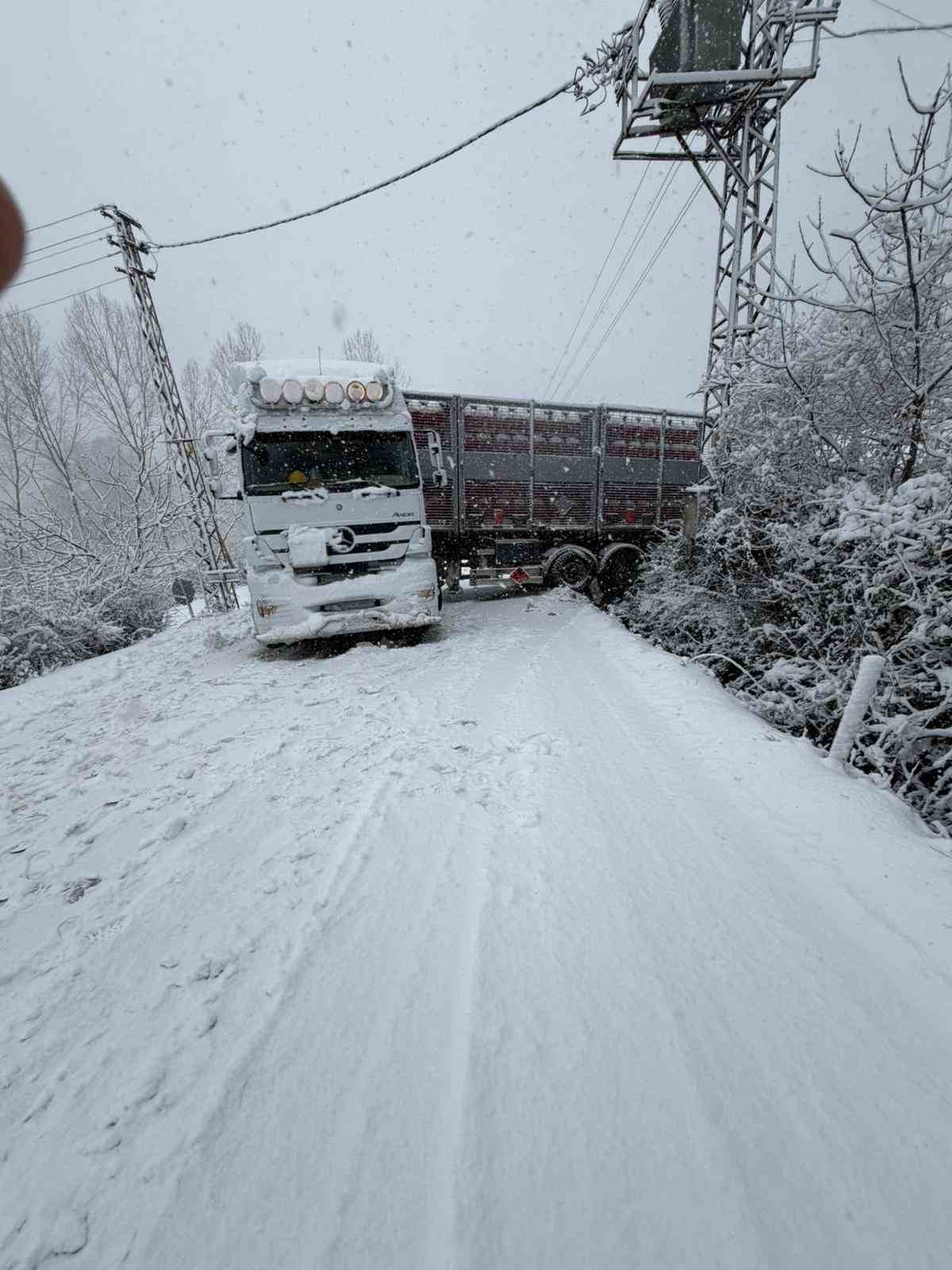 T&uuml;rkeli&rsquo;de doğalgaz tırı karda kaydı, yol ulaşıma kapandı

