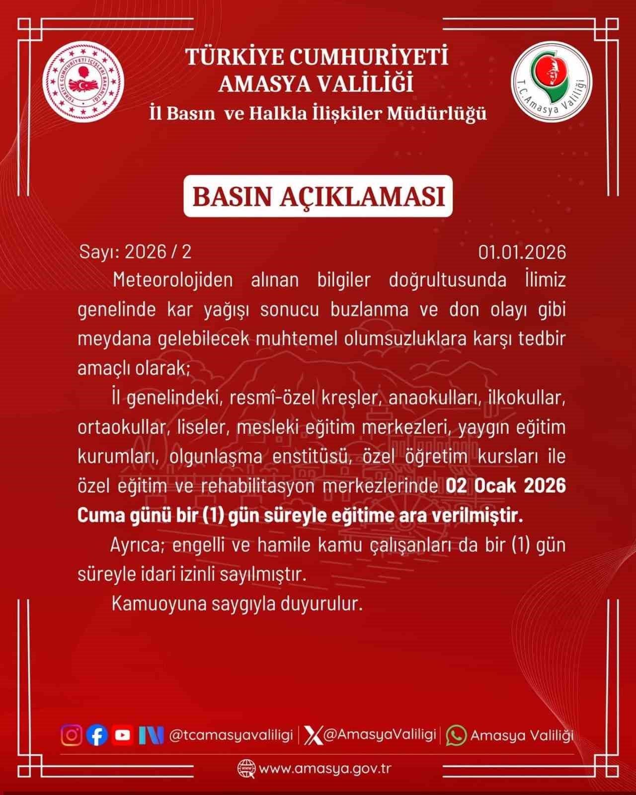 Amasya’da kar yağışı nedeniyle eğitime ara verildi