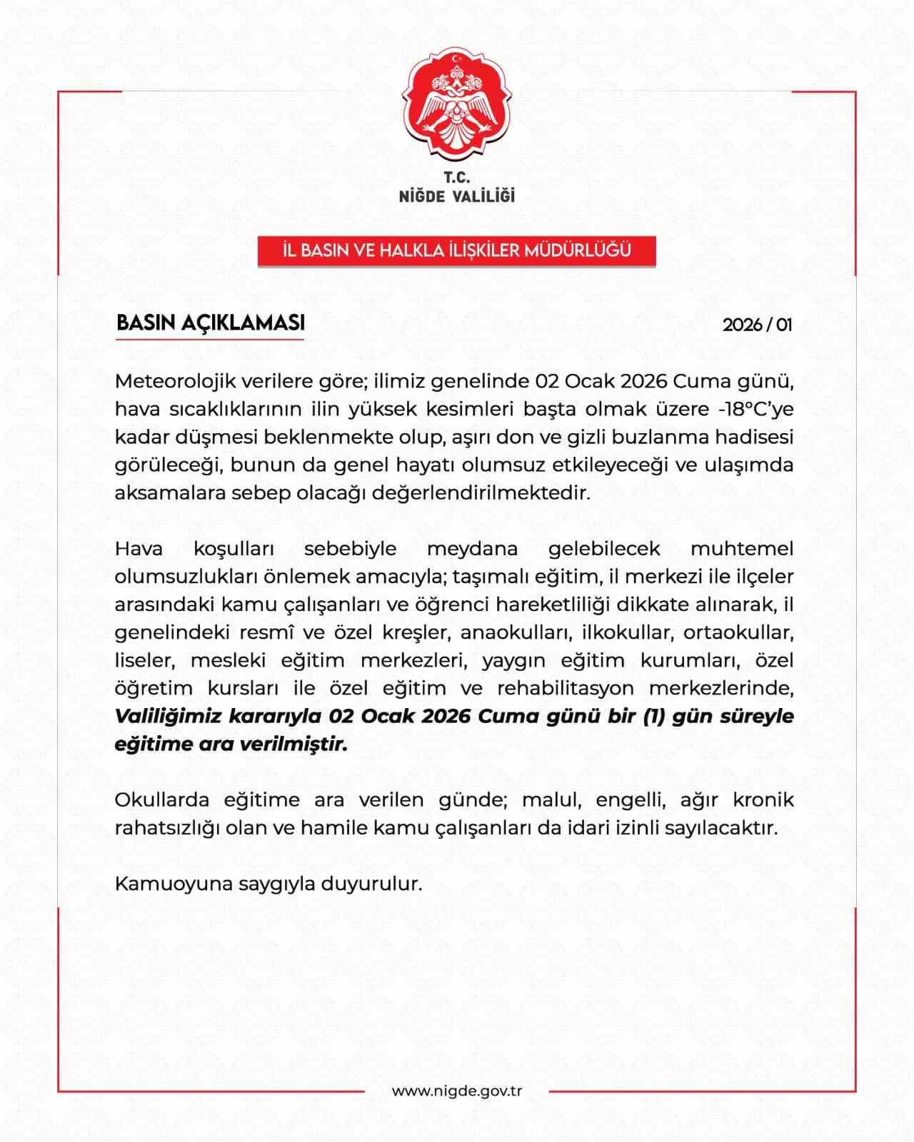 Niğde’de eğitime 1 gün ara verildi