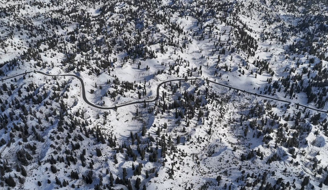 Mersin&rsquo;de karla kaplanan ormanlık alandan kartpotallık g&ouml;r&uuml;nt&uuml;ler
