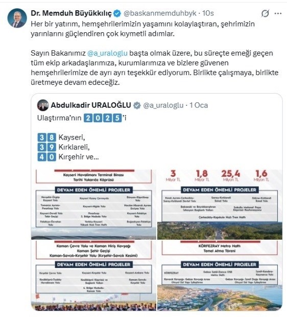 Başkan Büyükkılıç’tan Bakan Uraloğlu’na teşekkür: "Kayseri’nin yarınlarını birlikte inşa ediyoruz"