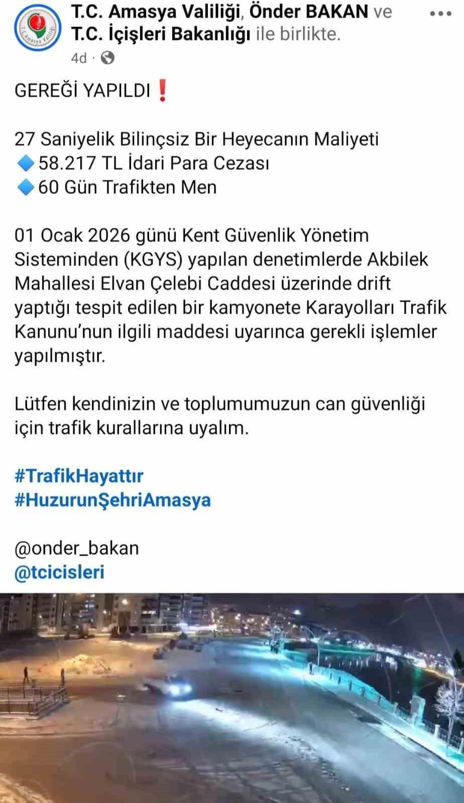 Karda 27 saniye drift yapan kamyonet s&uuml;r&uuml;c&uuml;s&uuml;ne ceza yağdı: 58 bin 217 TL ceza, 60 g&uuml;n trafikten men
