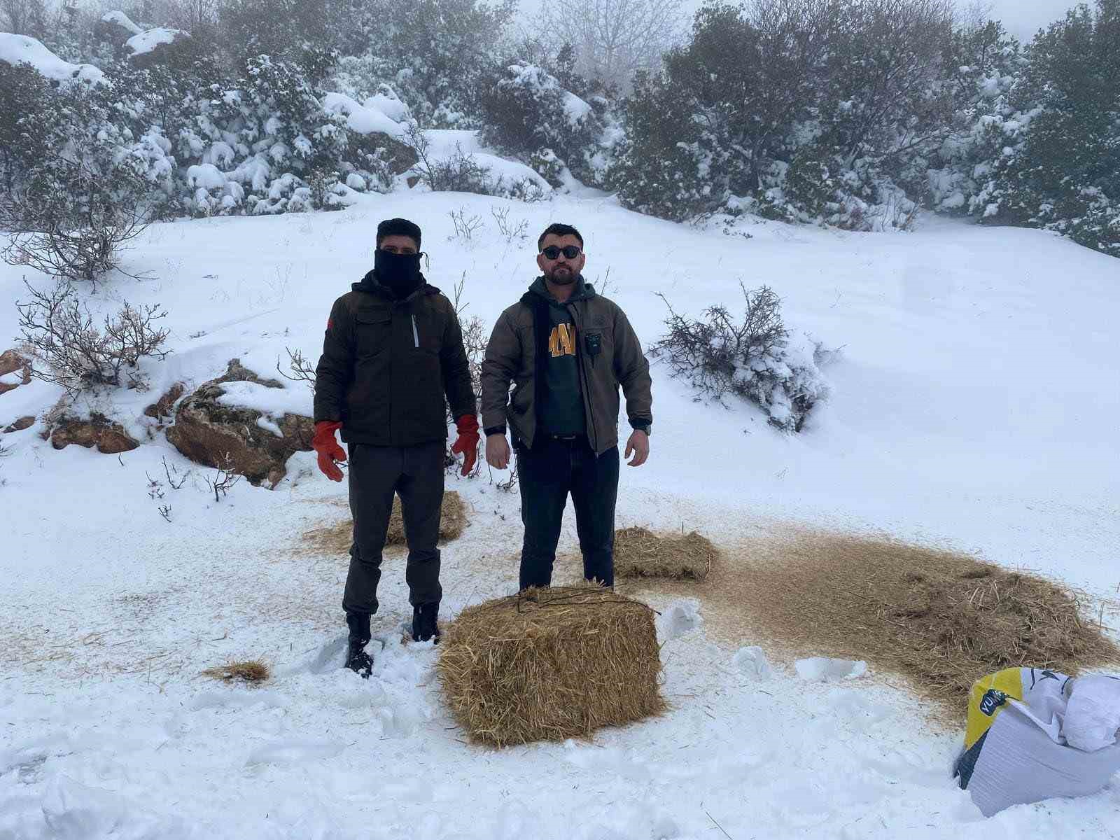 Gaziantep’te karlı havada aç kalan yaban hayvanları için doğaya yem bırakıldı