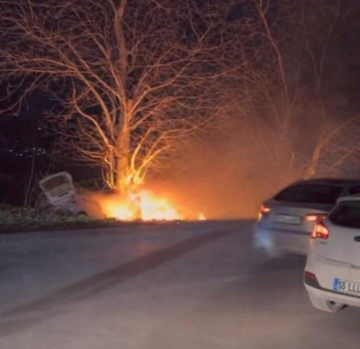 Bursa&rsquo;da kontrolden &ccedil;ıkan otomobil &ouml;nce ağaca &ccedil;arptı sonra alev aldı
