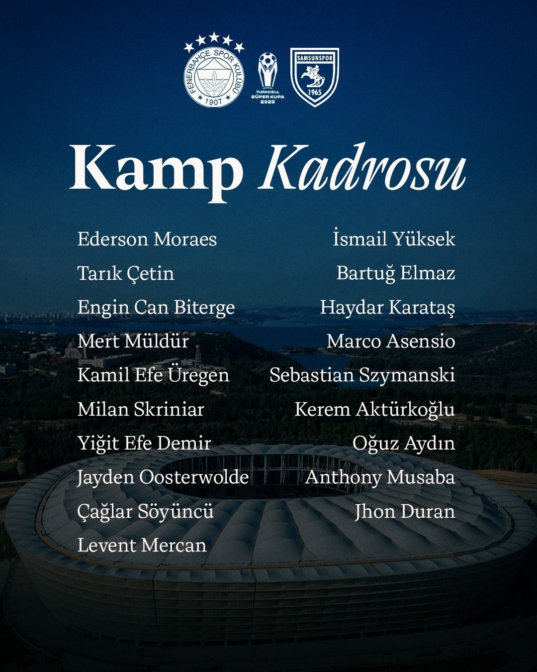 Fenerbahçe’nin, Samsunspor maçı kamp kadrosu belli oldu