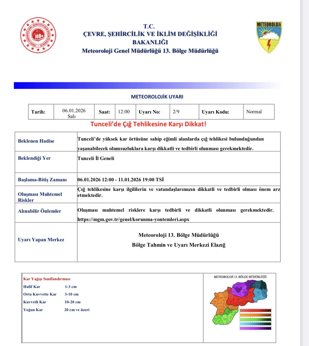 Tunceli için çığ uyarısı