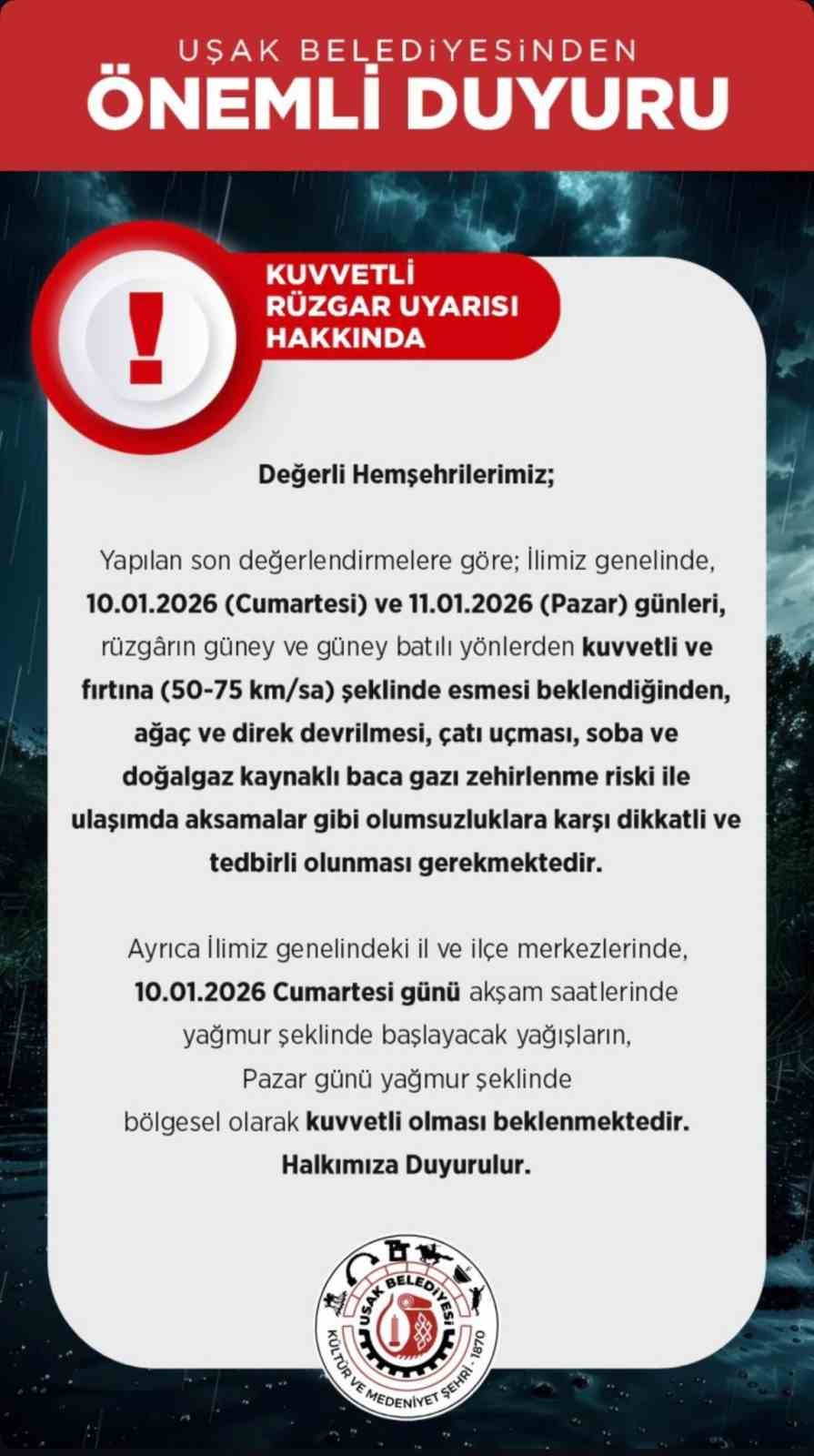 Uşak&rsquo;ta kuvvetli r&uuml;zgar ve fırtına uyarısı
