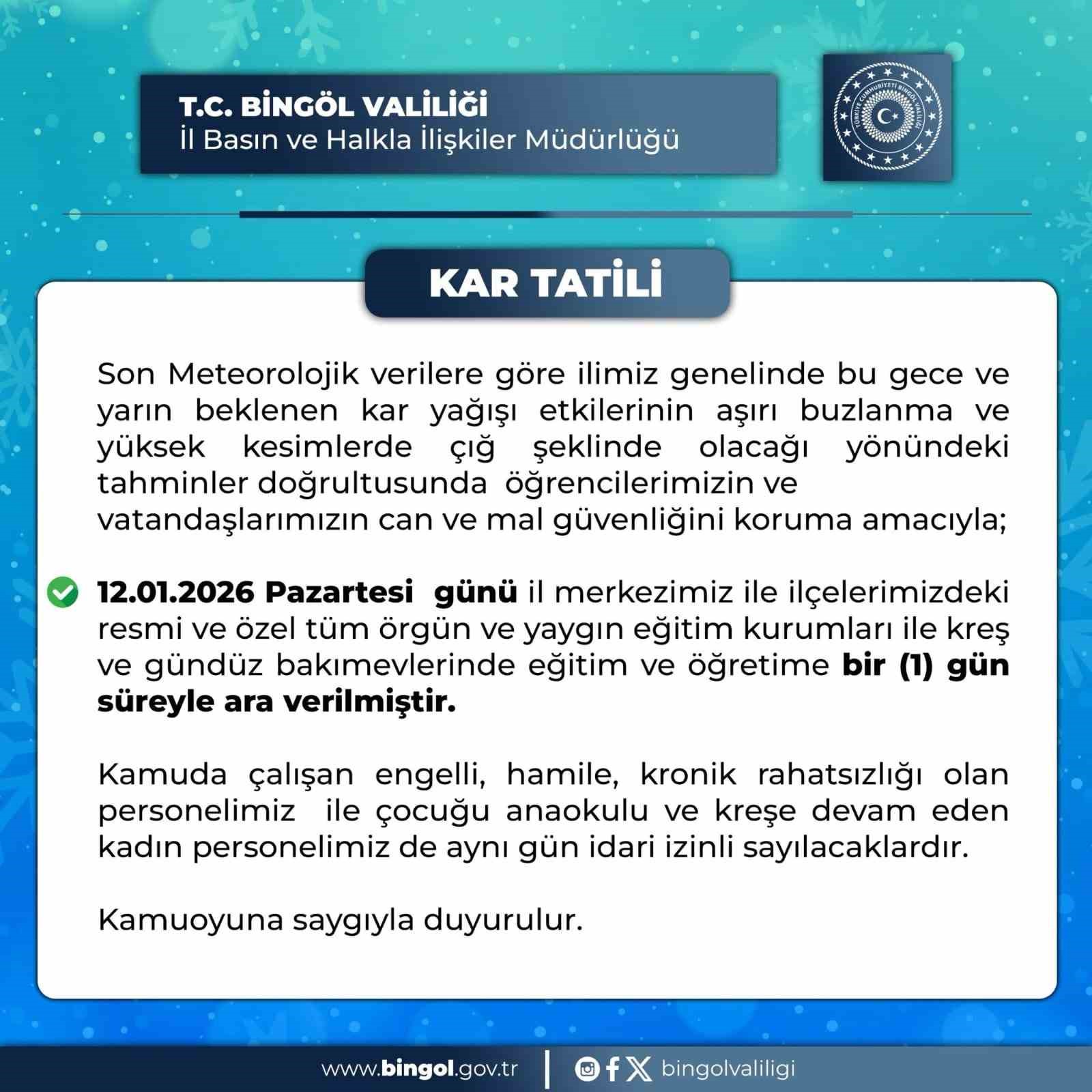 Bingöl’de eğitime 1 gün ara