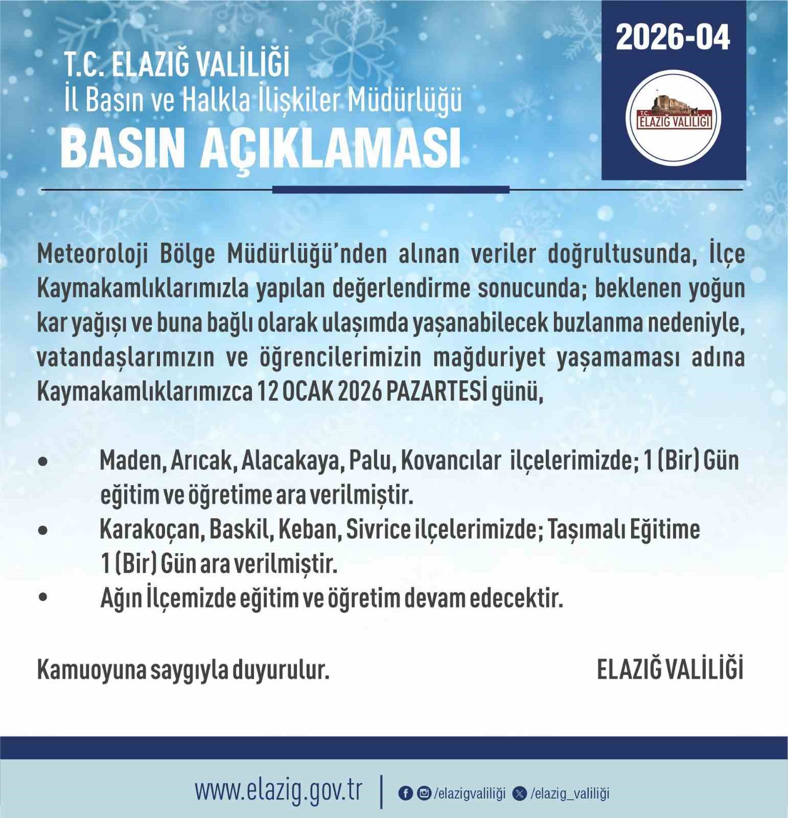 Elazığ’da 5 ilçede eğitim-öğretime ara verildi