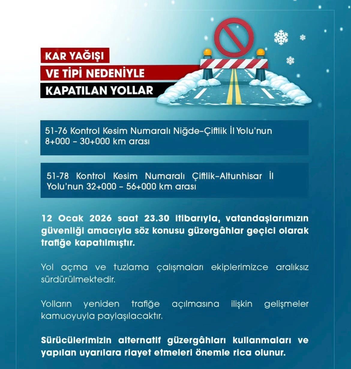 Kar ve tipi nedeniyle Niğde&rsquo;de iki yol trafiğe kapatıldı
