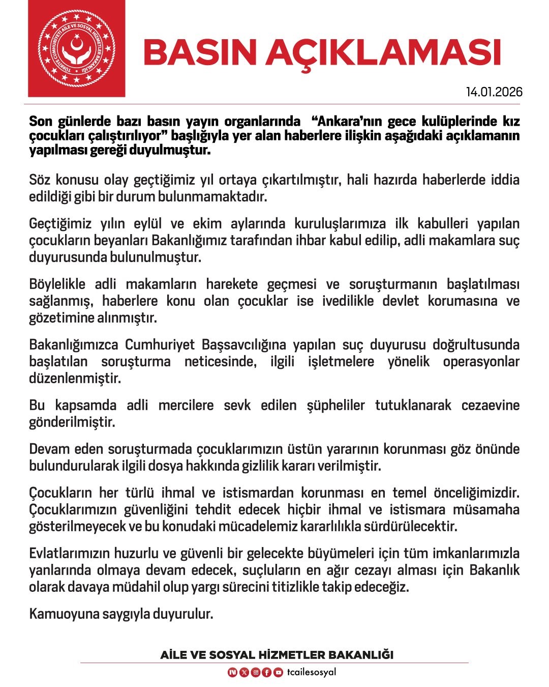 Aile ve Sosyal Hizmetler Bakanlığı: "(Gece kulüplerinde kız çocuklarının çalıştırıldığı iddiası) Söz konusu olay geçtiğimiz yıl ortaya çıkartılmıştır"