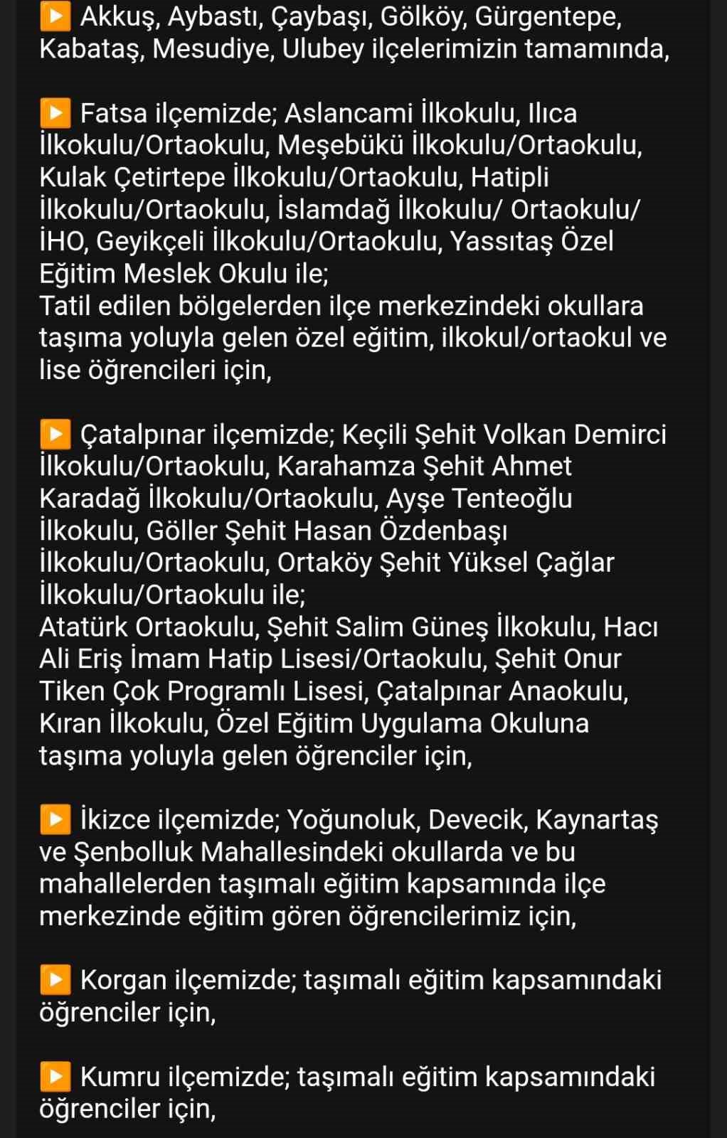 Ordu&rsquo;da eğitime kar engeli
