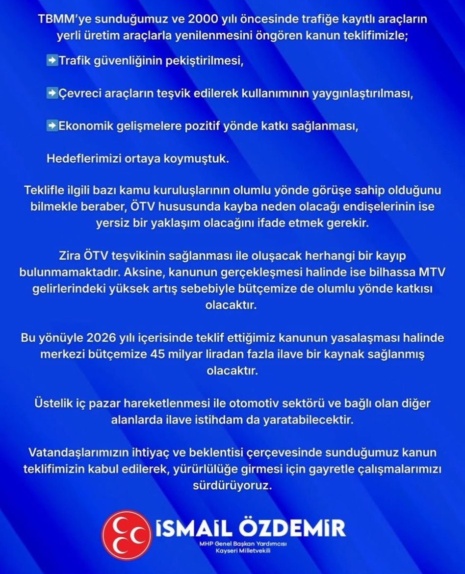 MHP&rsquo;li &Ouml;zdemir: "&Ouml;TV teşviki ile ilgili &ccedil;alışmalarımızı gayretle s&uuml;rd&uuml;r&uuml;yoruz"
