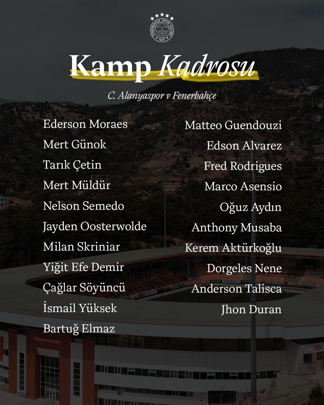 Fenerbahçe’nin Alanyaspor kamp kadrosu belli oldu