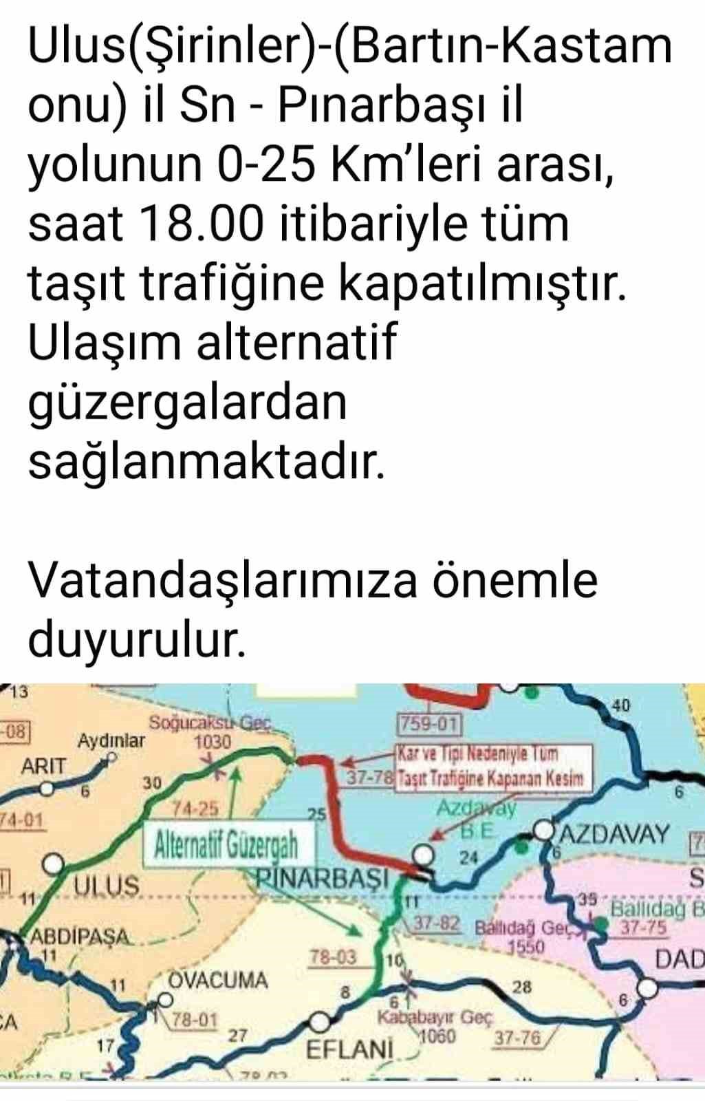 Bartın’da kara yolu kar nedeniyle ulaşıma kapandı