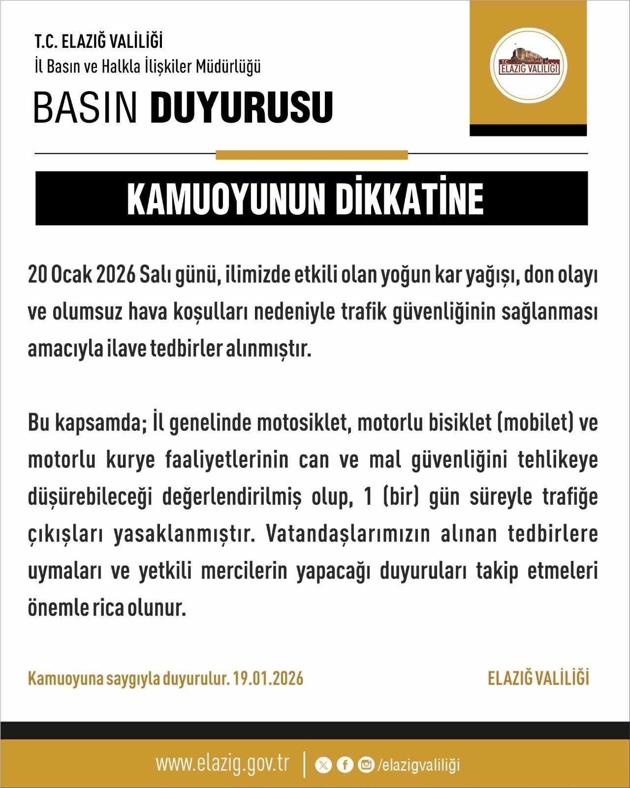 Elazığ’da motosiklet, mobilet ve motorlu kuryelerin trafik yasakları uzatıldı