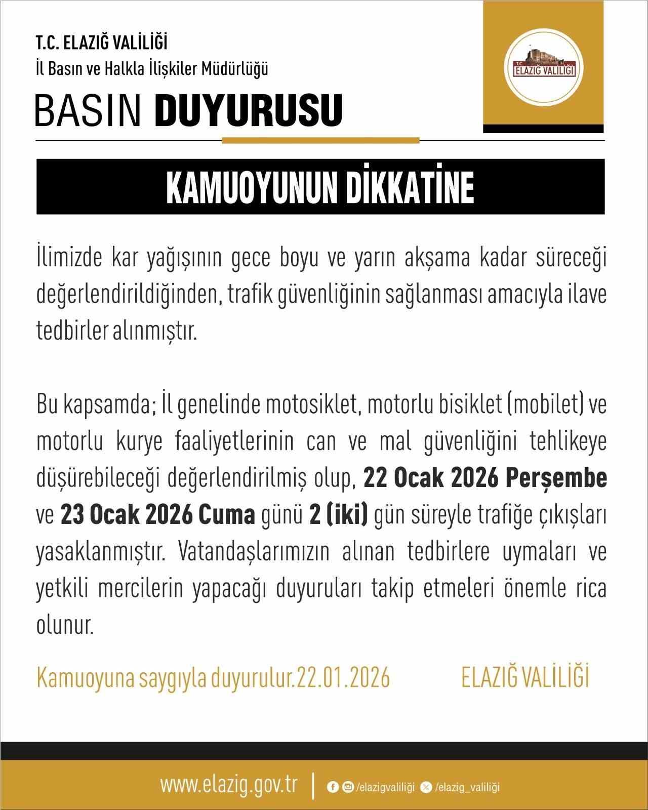 Elazığ’da motosiklet, mobilet ve motorlu kuryelerin trafiğe çıkışları yasaklandı