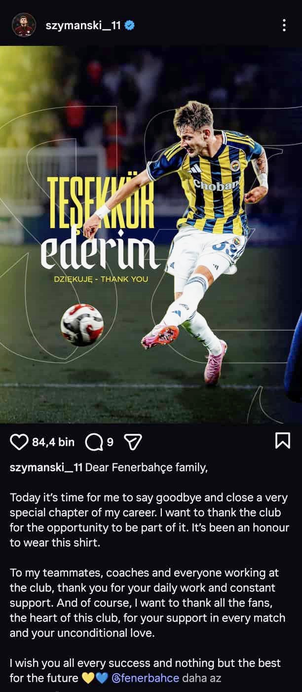 Szymanski, Fenerbahçe’ye veda etti