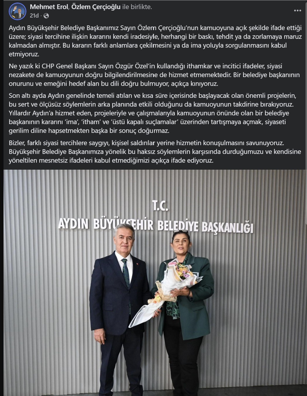 Başkan Erol&rsquo;dan &Ccedil;er&ccedil;ioğlu&rsquo;na destek
