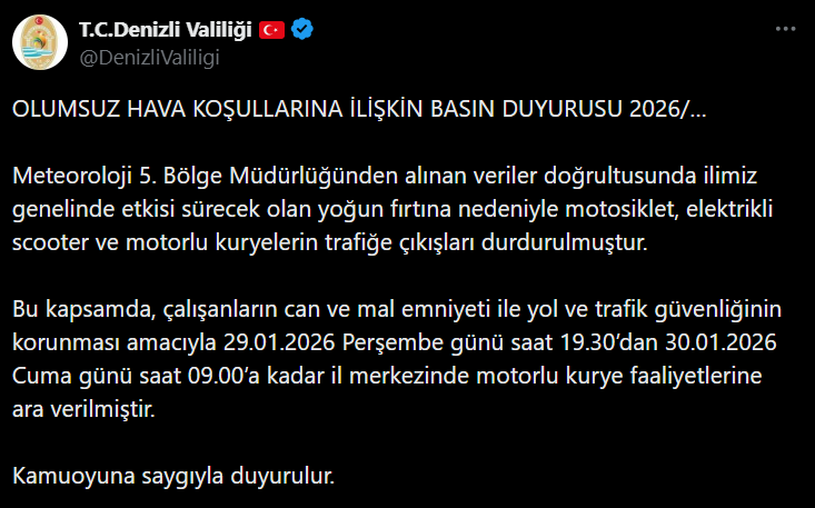 Denizli Valiliği fırtına nedeniyle motorlu kurye faaliyetlerini durdurdu