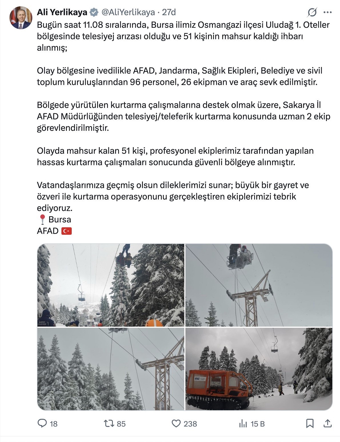 İçişleri Bakanı’ndan JAK ve AFAD’a tebrik...Kurtarma çalışmasına 96 personel katıldı