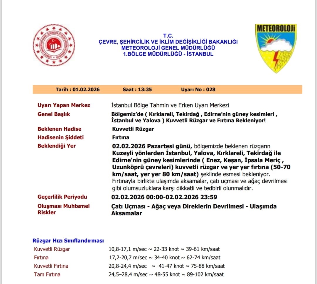 Kırklareli, Tekirdağ ve Edirne için sarı kodlu uyarı