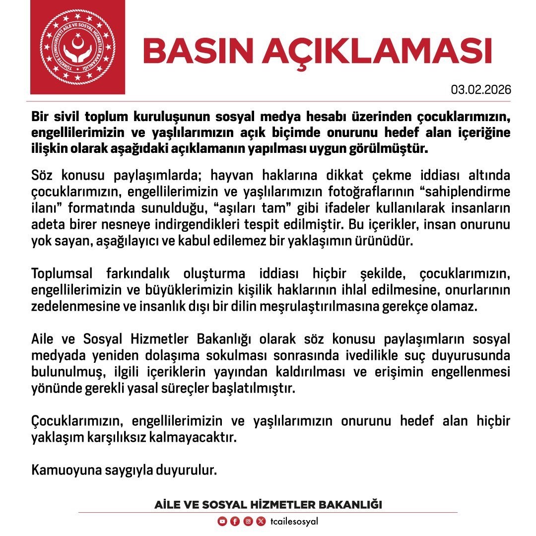 Aile ve Sosyal Hizmetler Bakanlığından ‘sahiplendirme ilanı’ formatındaki paylaşımlara suç duyurusu
