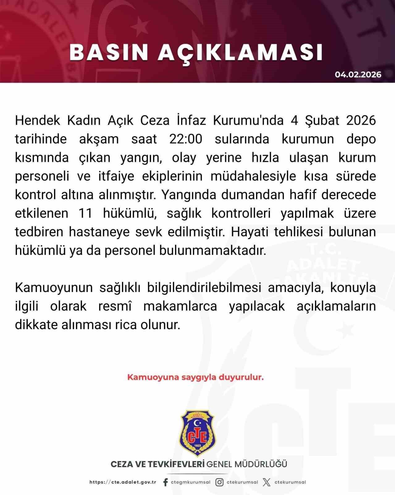 Hendek Kadın Açık Ceza İnfaz Kurumu’nda yangın: 11 hükümlü hafif yaralı