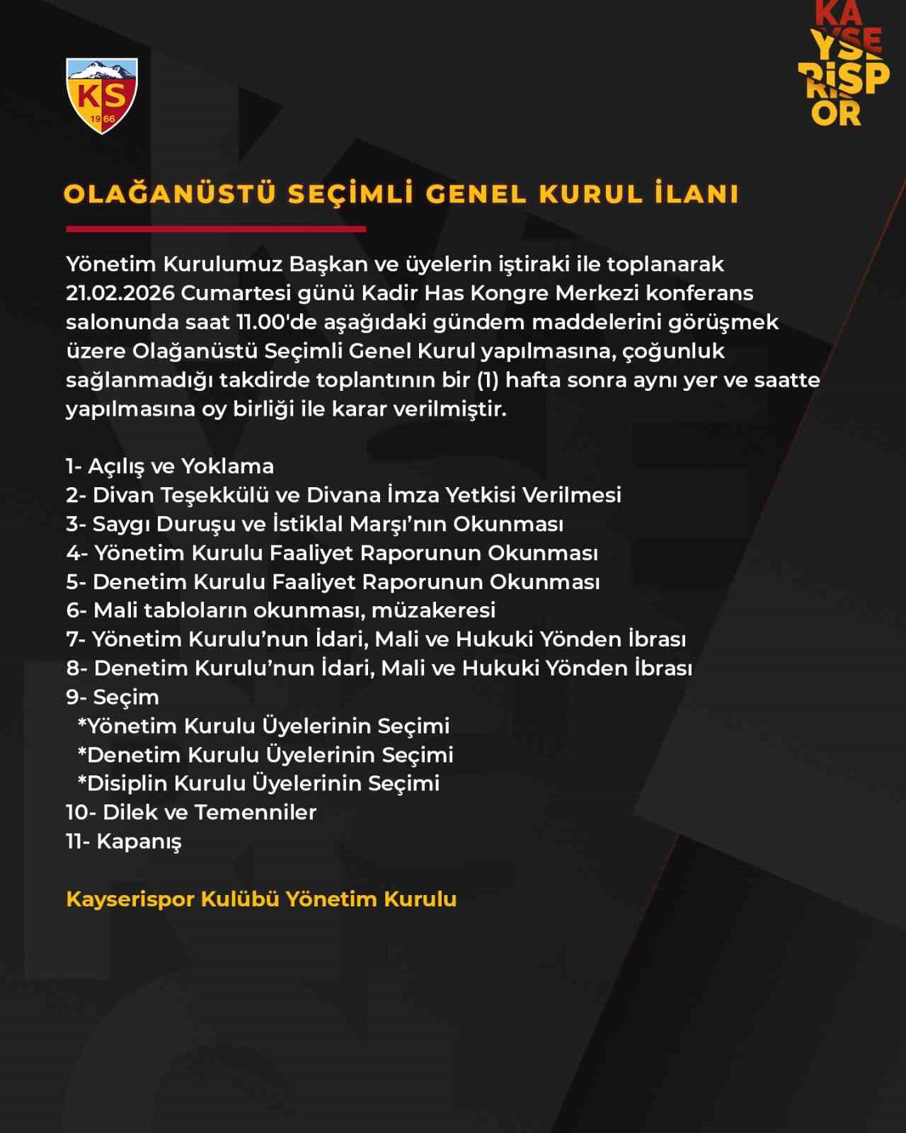 Kayserispor’un genel kurulu 21 Şubat’ta