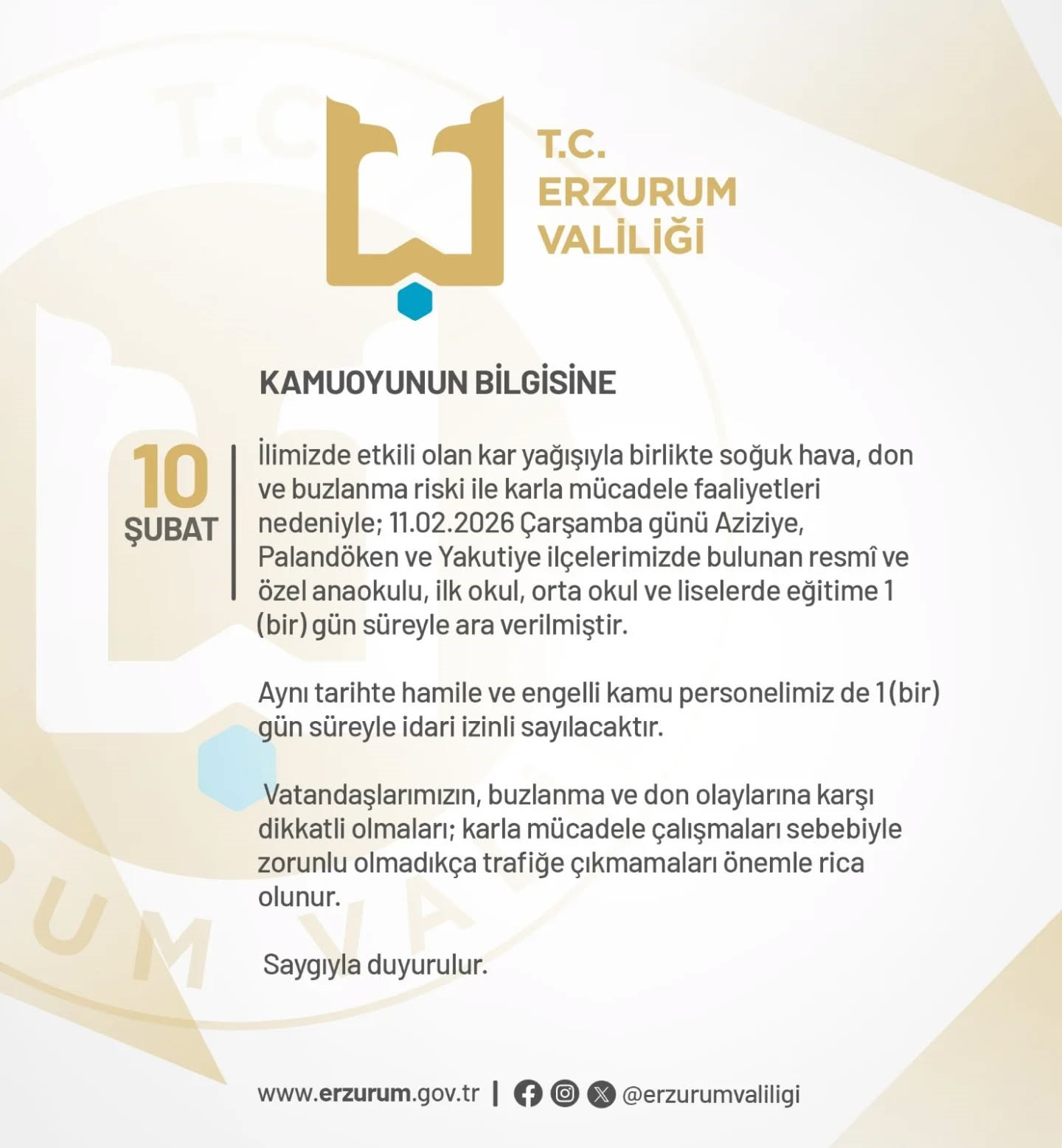 Erzurum’da eğitime bir gün ara verildi