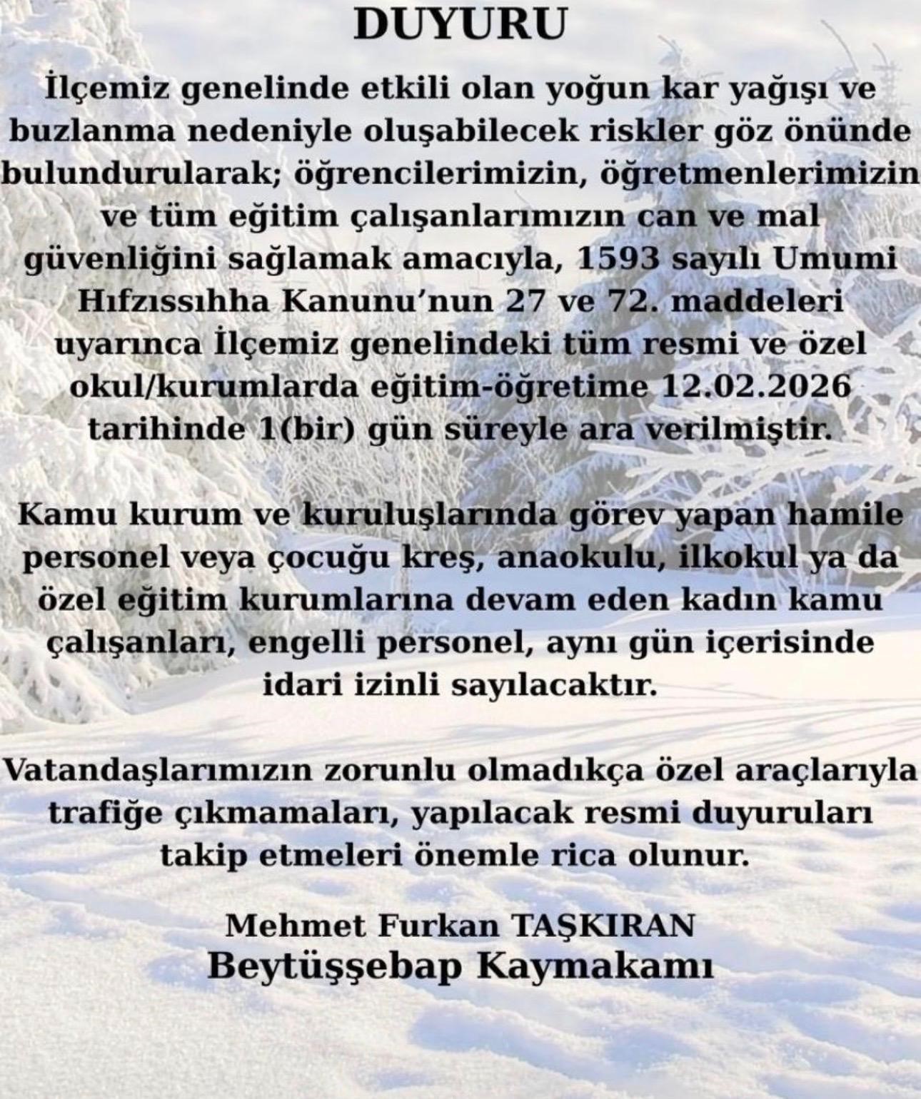 Beyt&uuml;şşebap&rsquo;ta kar alarmı: Eğitime 1 g&uuml;n ara verildi
