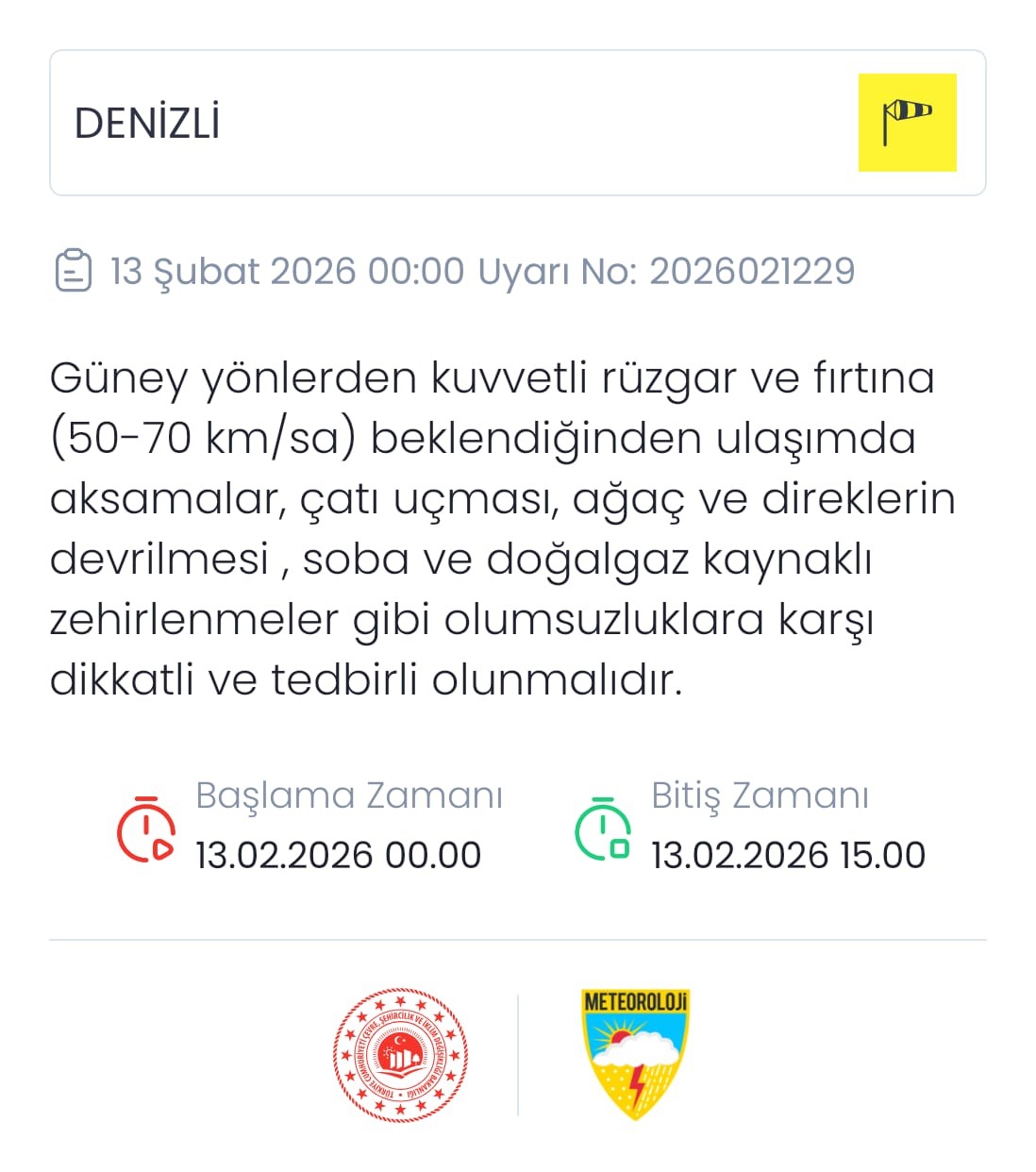 Denizli için kuvvetli rüzgar ve fırtına uyarısı
