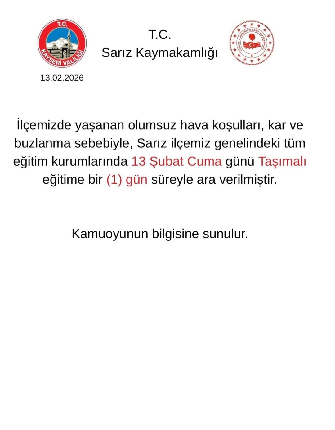 Sarız’da taşımalı eğitime 1 gün ara verildi