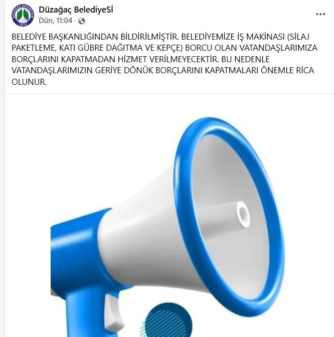 Belediye vatandaşlardan borçlarını sosyal medyadan istedi