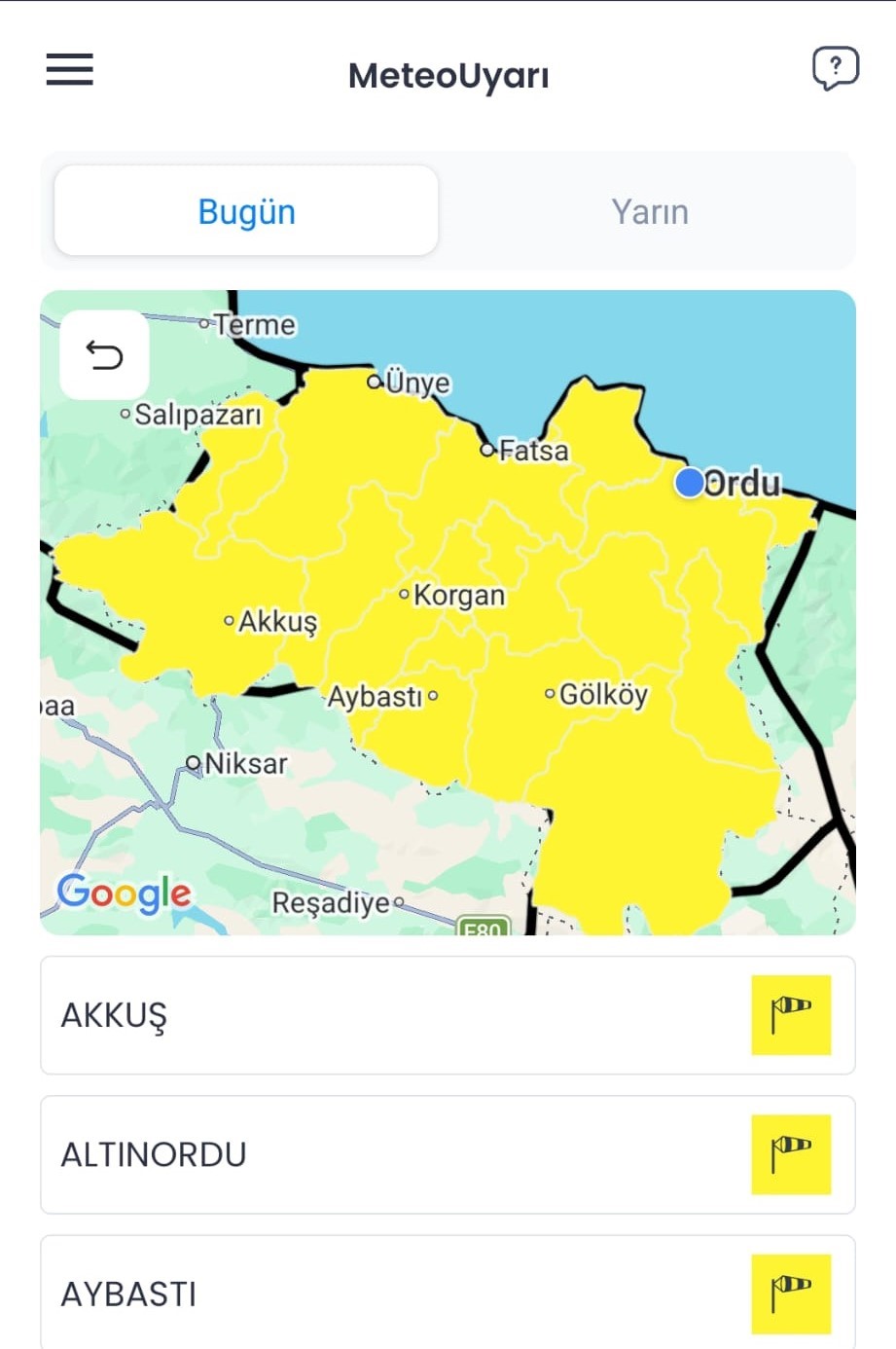 Ordu için sarı kodlu fırtına uyarısı