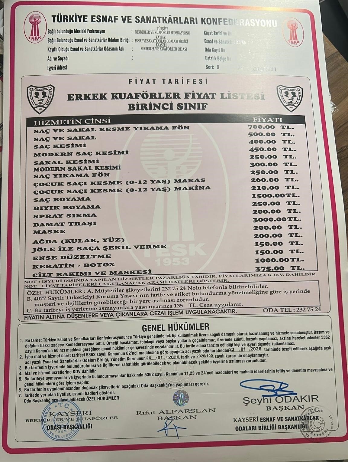 Kayseri’de berber ücretlerine zam