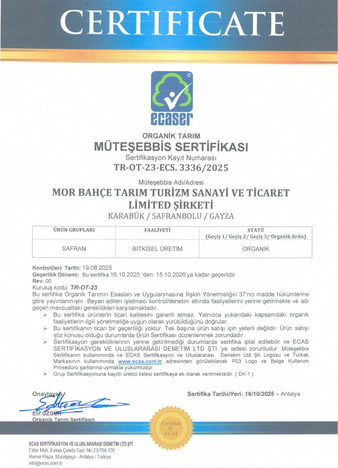 Safranova&rsquo;ya organik tarım sertifikası
