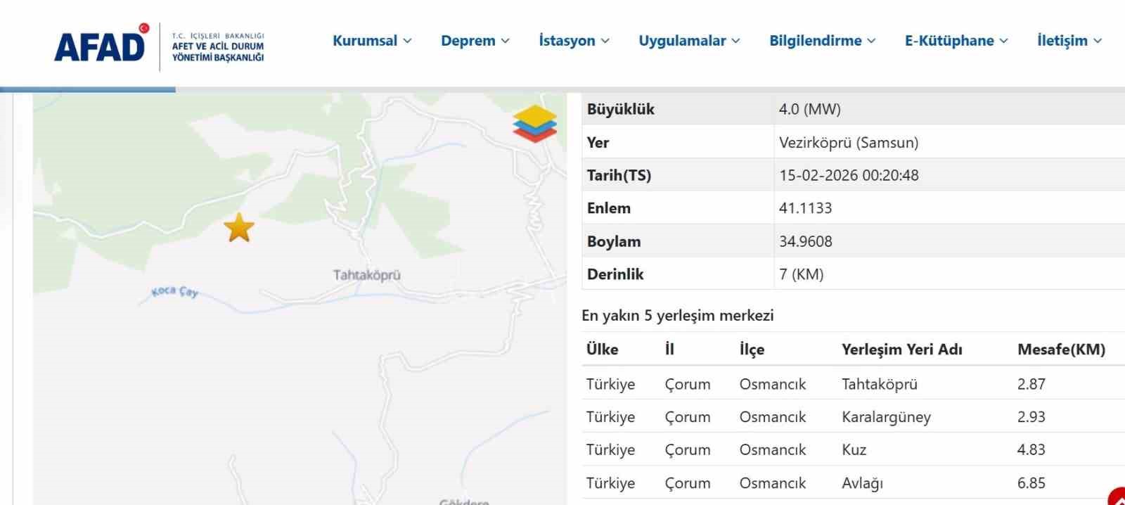 Samsun Vezirk&ouml;pr&uuml;&rsquo;de gece yarısı korkutan deprem
