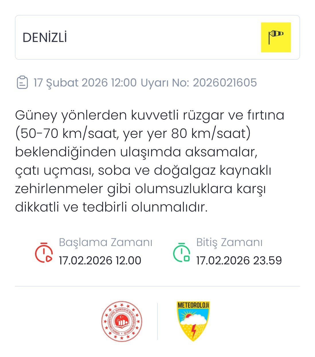 Denizli için fırtına uyarısı