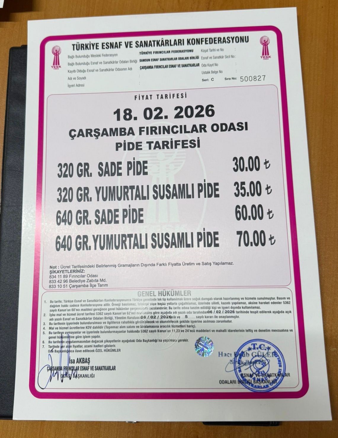 Çarşamba’da pide fiyatları belli oldu