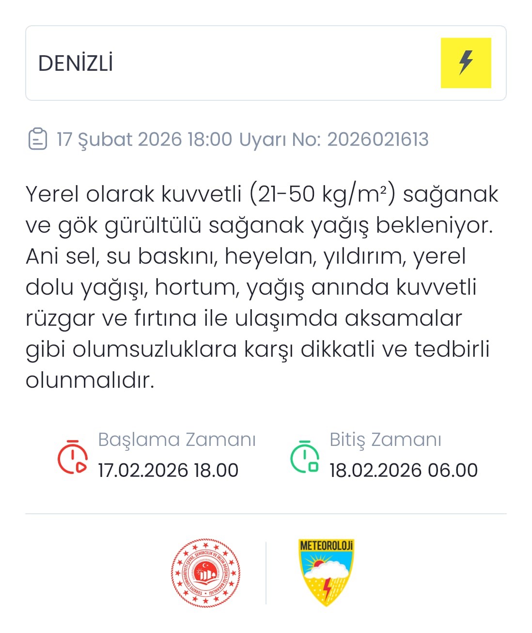 Denizli için sağanak ve gök gürültülü yağış uyarısı